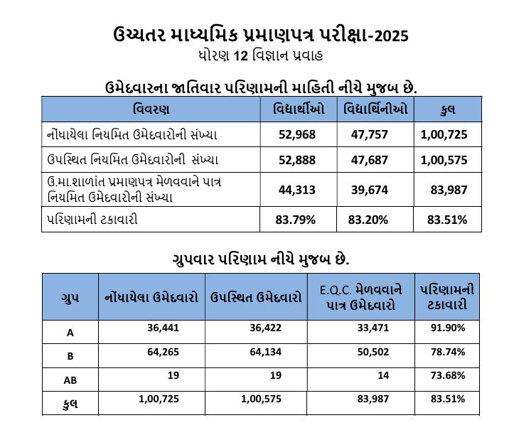 ધોરણ 12નું પરિણામ જાહેર: વિજ્ઞાન પ્રવાહનું 83.51 ટકા અને સામાન્ય પ્રવાહનું 93.7 ટકા પરિણામ 4 - image