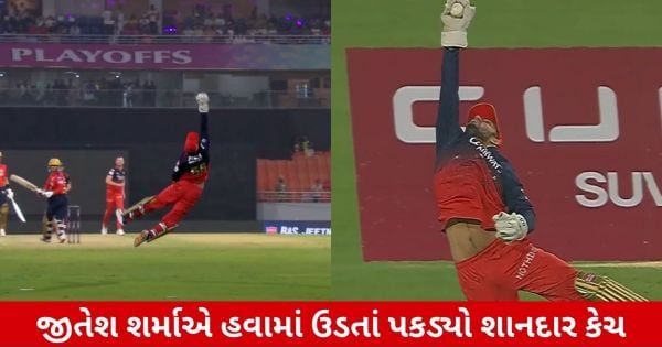ધાંની જિતેશ: સુપરમેનની કેચે મંત્રમુગ્ધ કર્યા દર્શકો
(શીર્ષક: જિતેશ શર્માએ ધાંની જિતેશનું વિશેષ કેચ પકડી દર્શકોના હૃદય જીત્યા)