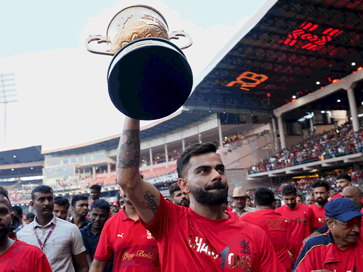 આઈપીએલ ચેમ્પિયન બનવાની RCBની રમતમામ 10 વર્ષે પ્રિમિયર લીગમાં ચેમ્પિયન્સ તરીકે જીતની ખુશીની ઉજવણી કરે છે.